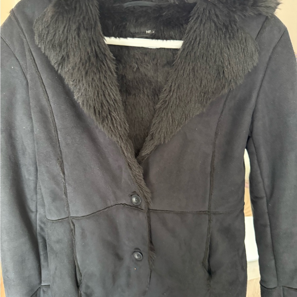 H&M Black Teddy Jacket with Faux Fur Trim